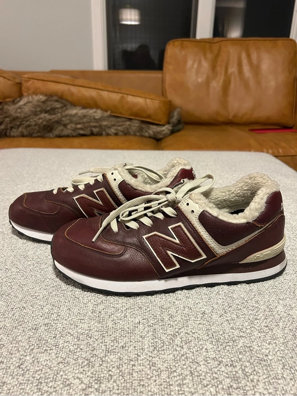 New Balance 574 Brown Burgundy Cream Leather Sneakers with Sherpa - M9 w10.5 - Picture 2 of 8